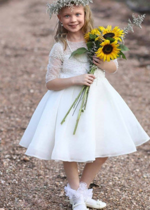 Ivory Pearl Beaded Flower Girl Dress With Horsehair Hem